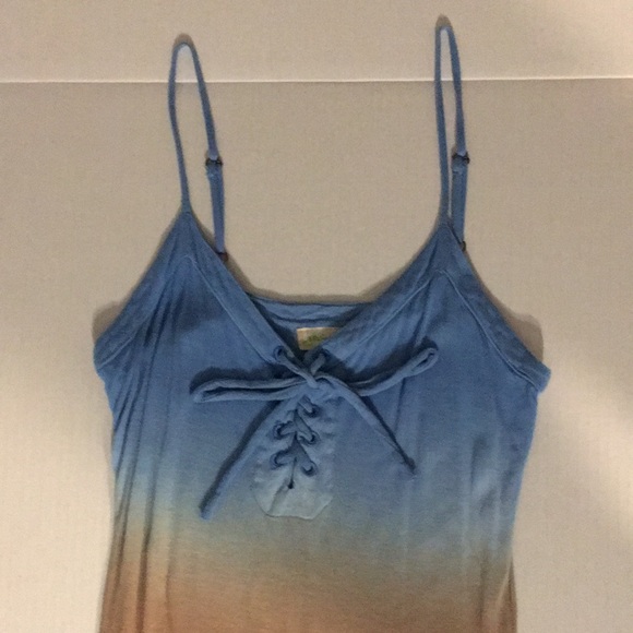 Sexy RETRO W lace up detail. blue & tan tank top. Sz Small - Picture 2 of 6